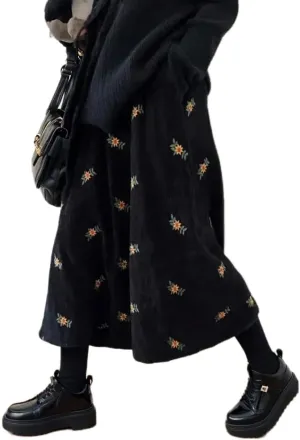 Women Corduroy Floral Boho Midi Skirt Elastic High Waisted A-Line Pleated Vintage Long Skirt