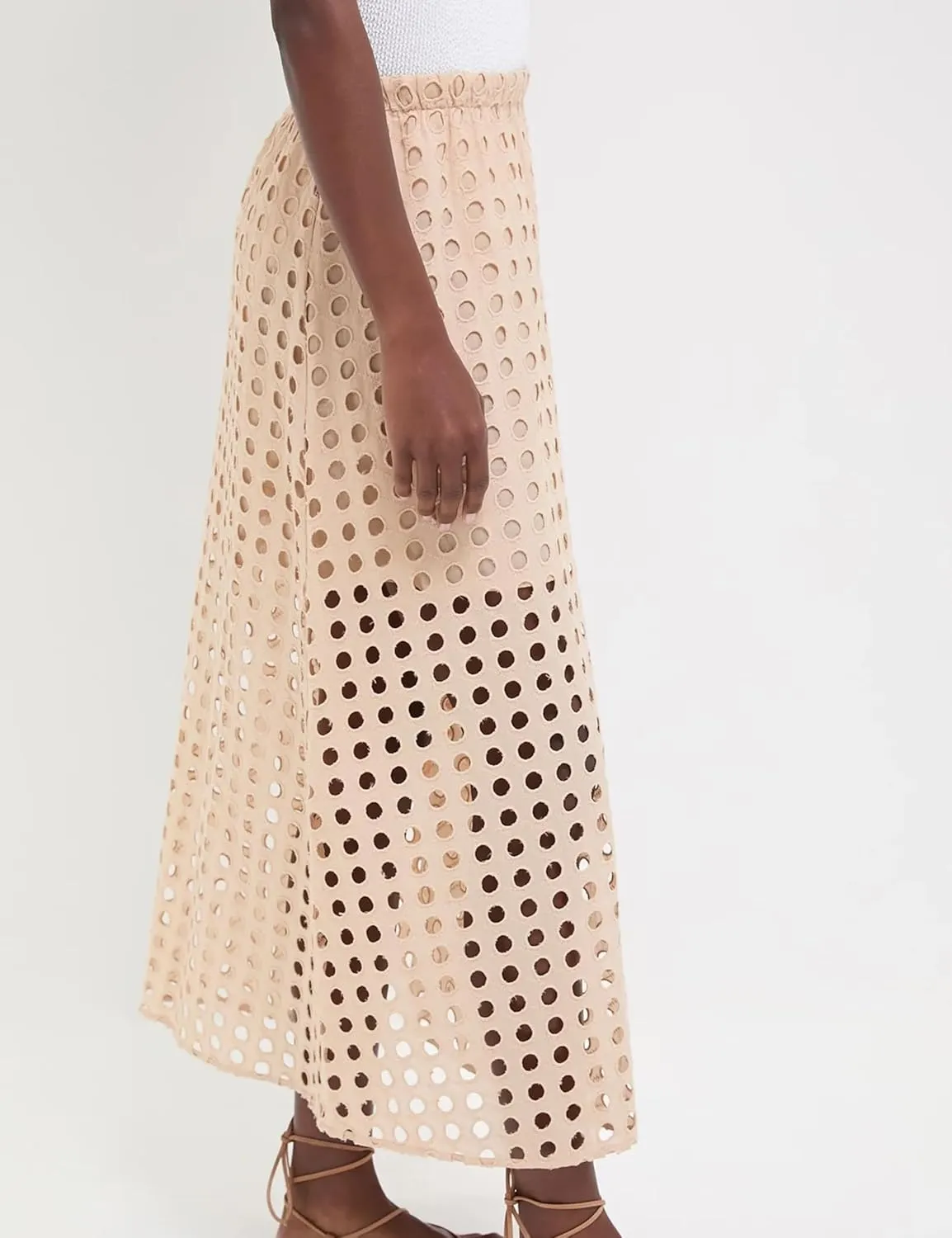 Women Cotton Eyelet Long Skirt Summer Casual Beach Maxi Skirt with Underneath