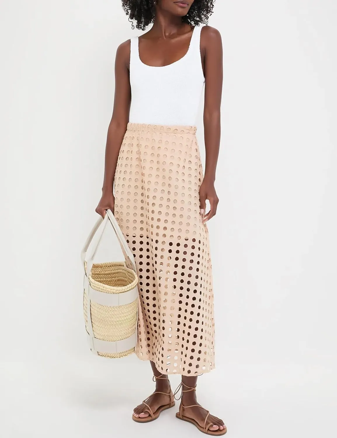 Women Cotton Eyelet Long Skirt Summer Casual Beach Maxi Skirt with Underneath