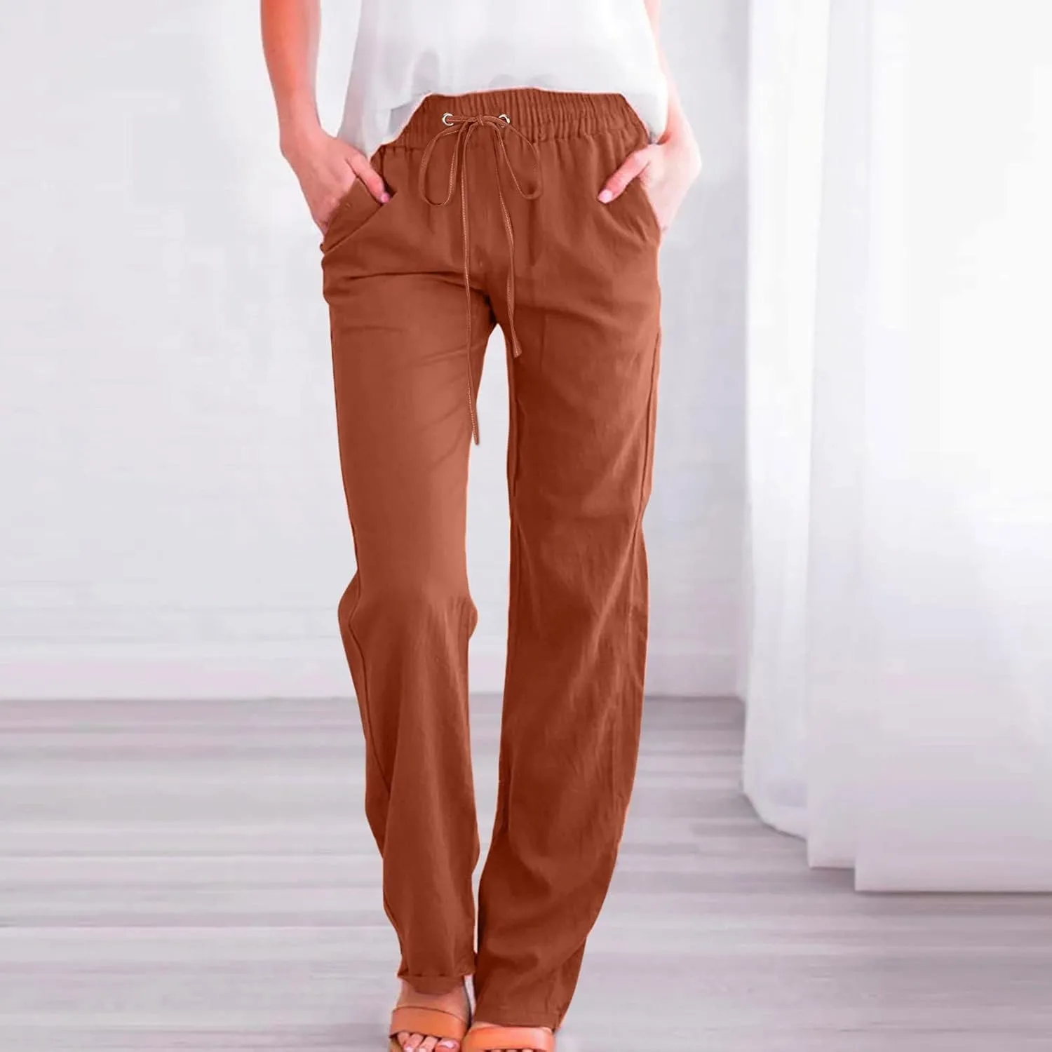 Women Cotton Linen Summer Baggy Pants Low Waist Wide Leg Plus Size Pant Trousers Office