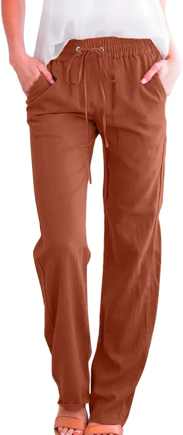 Women Cotton Linen Summer Baggy Pants Low Waist Wide Leg Plus Size Pant Trousers Office