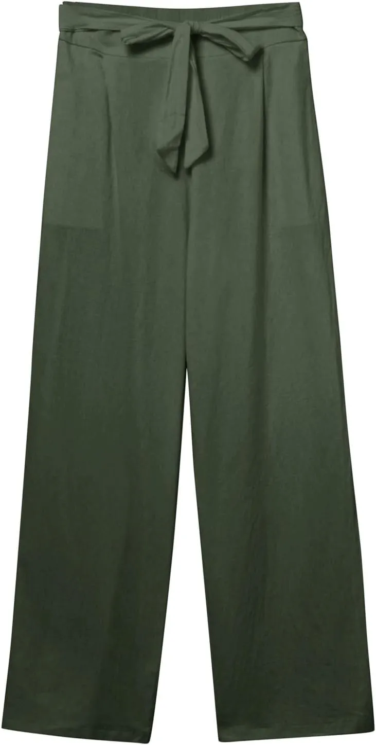 Women Cotton Linen Summer Flowy Pants Elastic Waist Wide Leg Slim-Fit Pants Office