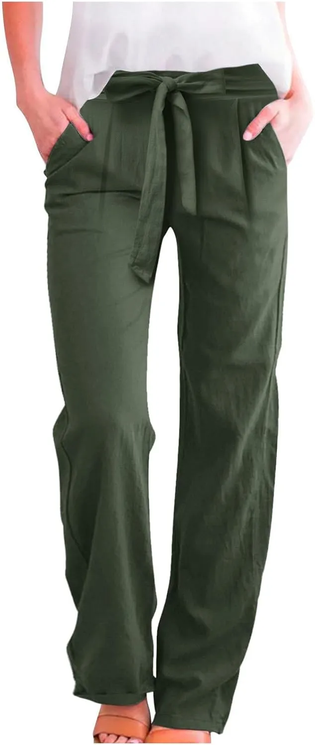 Women Cotton Linen Summer Flowy Pants Elastic Waist Wide Leg Slim-Fit Pants Office