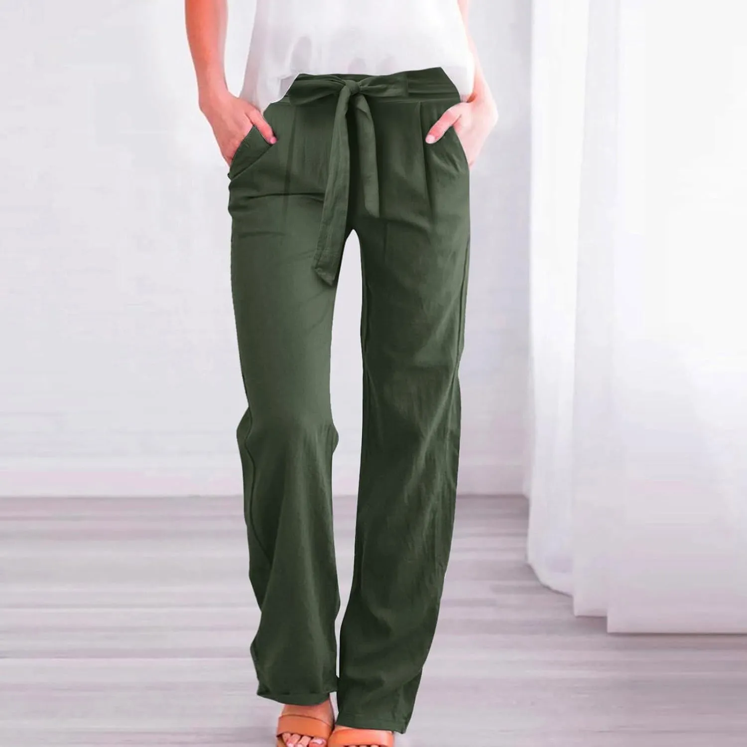 Women Cotton Linen Summer Flowy Pants Elastic Waist Wide Leg Slim-Fit Pants Office