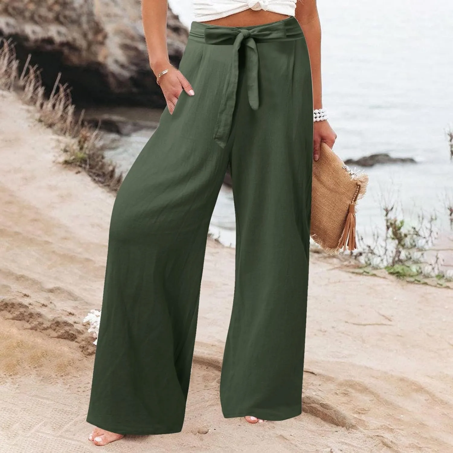 Women Cotton Linen Summer Flowy Pants Elastic Waist Wide Leg Slim-Fit Pants Office