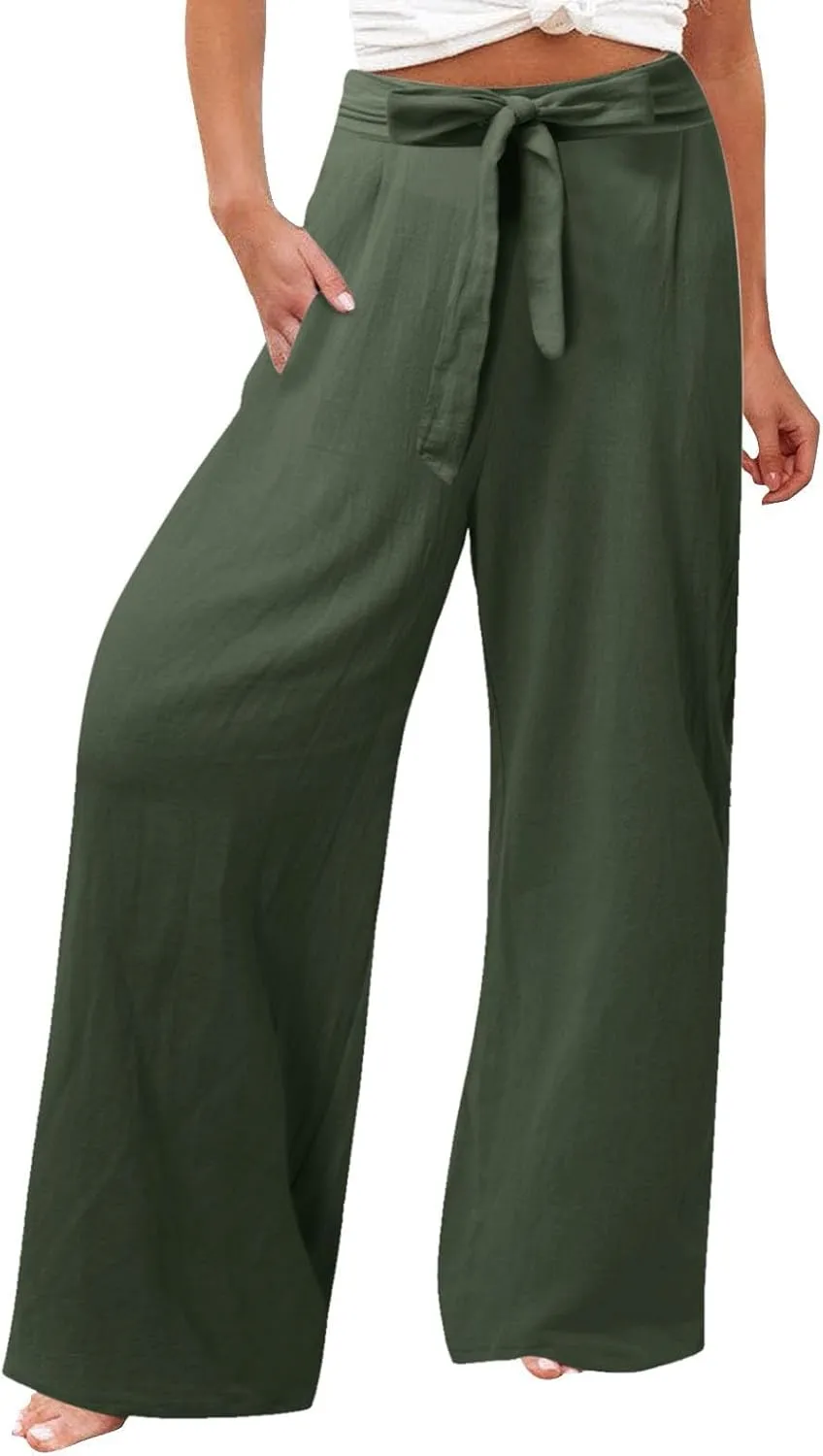 Women Cotton Linen Summer Flowy Pants Elastic Waist Wide Leg Slim-Fit Pants Office