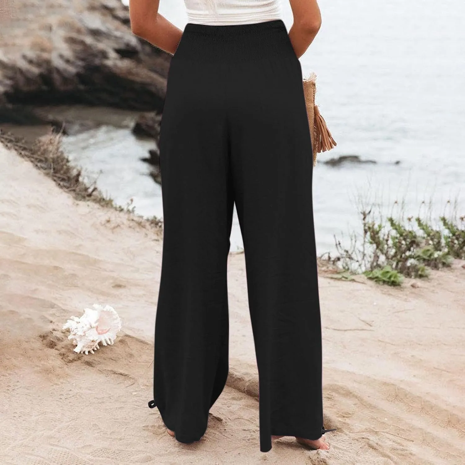 Women Cotton Linen Summer Y2K Fashion Pants Low Waist Bootcut Slim-Fit Pant Trousers Beach