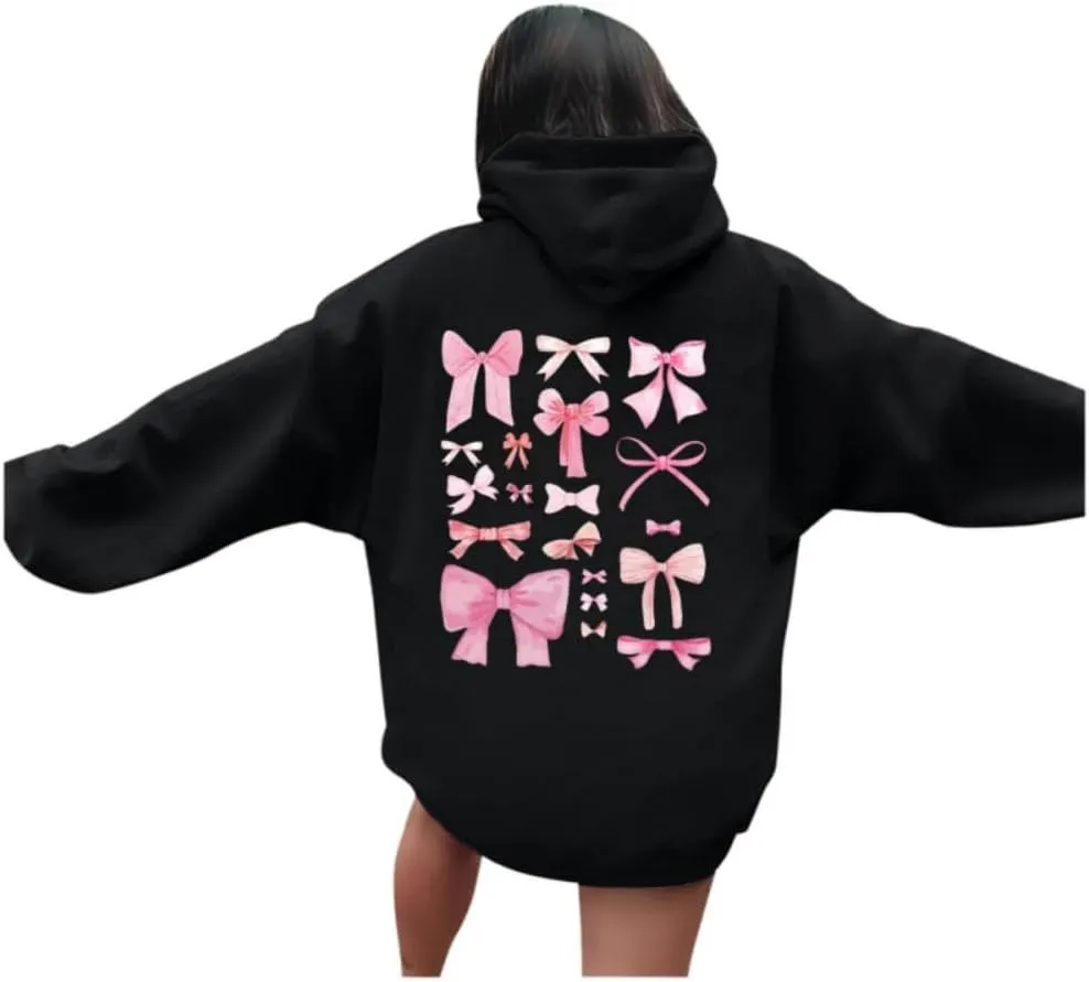 Women Cute Bow Print Hoodie Comfy Preppy Hooded Sweatshirt for Teen Girls Long Sleeve Drawstring Pullover Tops Pocket
