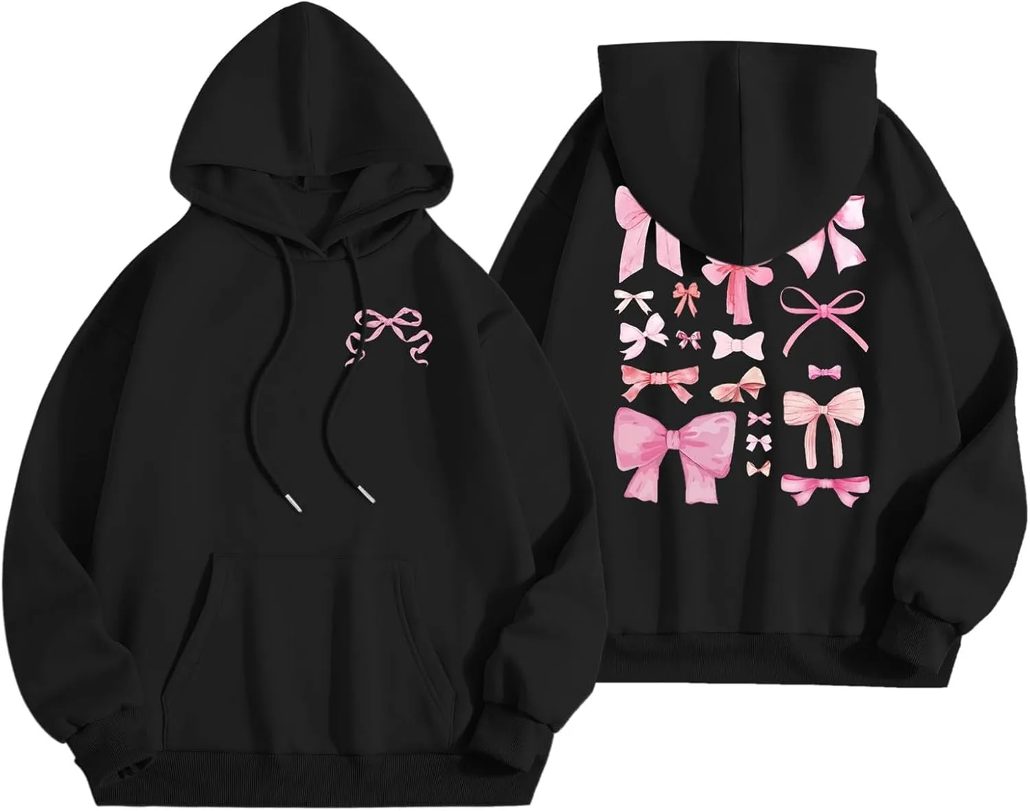 Women Cute Bow Print Hoodie Comfy Preppy Hooded Sweatshirt for Teen Girls Long Sleeve Drawstring Pullover Tops Pocket