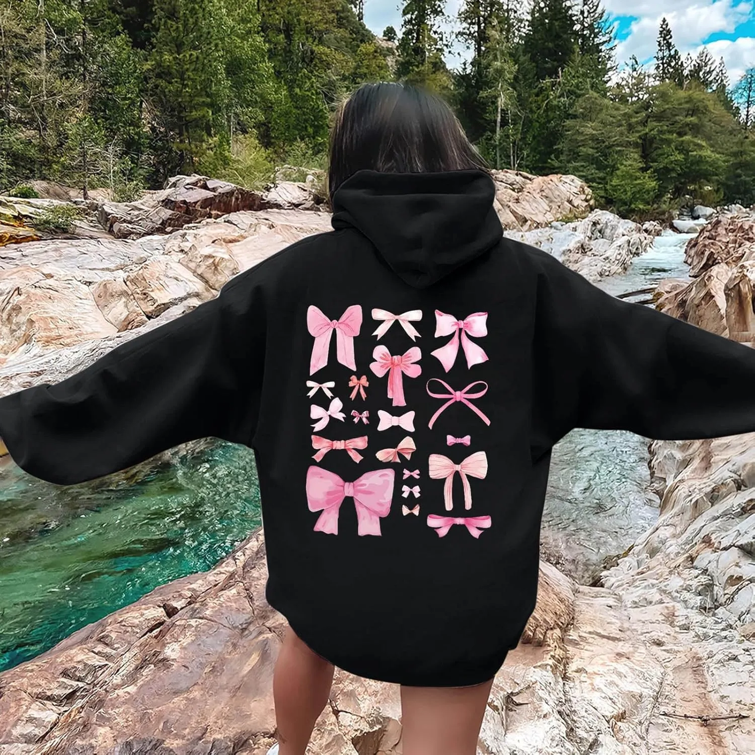 Women Cute Bow Print Hoodie Comfy Preppy Hooded Sweatshirt for Teen Girls Long Sleeve Drawstring Pullover Tops Pocket