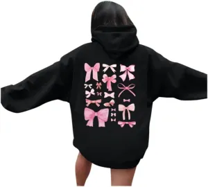 Women Cute Bow Print Hoodie Comfy Preppy Hooded Sweatshirt for Teen Girls Long Sleeve Drawstring Pullover Tops Pocket