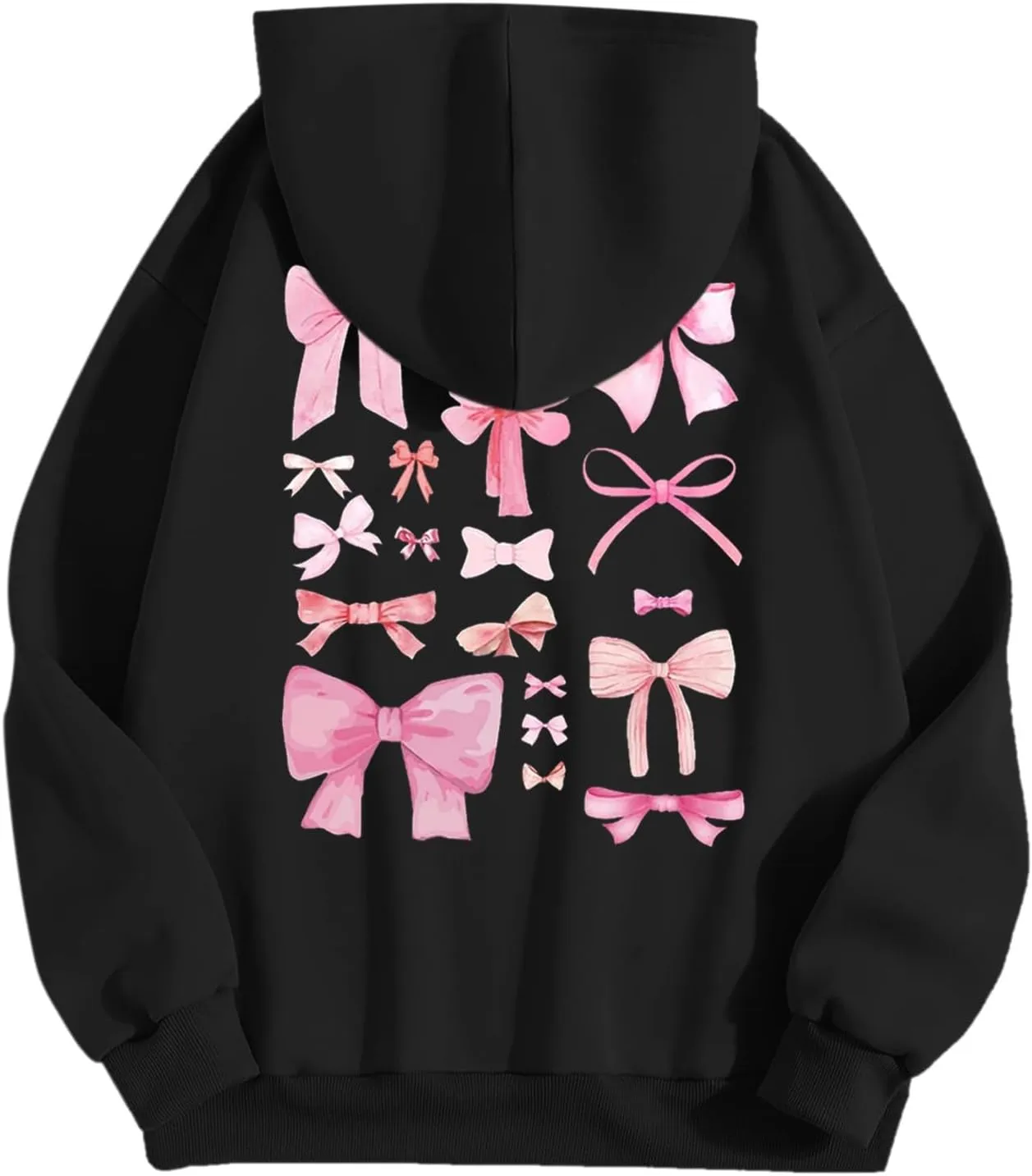 Women Cute Bow Print Hoodie Comfy Preppy Hooded Sweatshirt for Teen Girls Long Sleeve Drawstring Pullover Tops Pocket