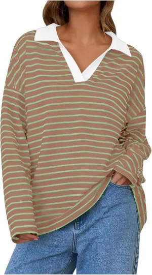 Women Fall Fashion Sweatshirts Long Sleeve V-Neck Stripe Pullover Tops Casual Oversized Fall Clothes