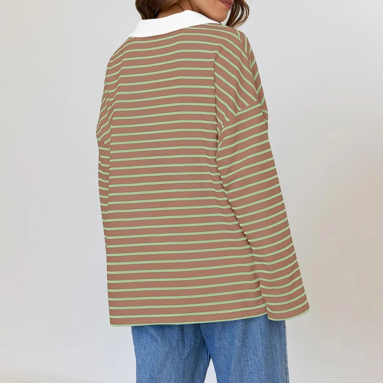 Women Fall Fashion Sweatshirts Long Sleeve V-Neck Stripe Pullover Tops Casual Oversized Fall Clothes
