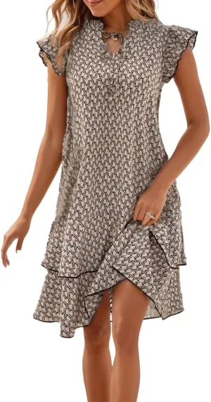Women Floral Print Tie V Neck Mini Dress Flutter Sleeve Smock Ruffle Hem Casual Loose Flowy Boho Sun Dresses