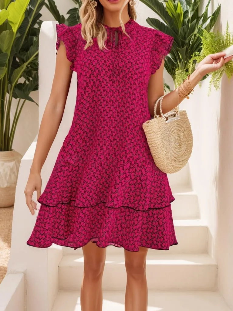 Women Floral Print Tie V Neck Mini Dress Flutter Sleeve Smock Ruffle Hem Casual Loose Flowy Boho Sun Dresses