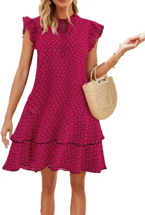 Women Floral Print Tie V Neck Mini Dress Flutter Sleeve Smock Ruffle Hem Casual Loose Flowy Boho Sun Dresses