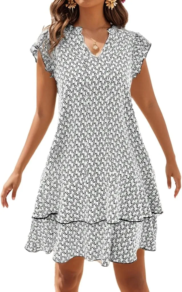 Women Floral Print Tie V Neck Mini Dress Flutter Sleeve Smock Ruffle Hem Casual Loose Flowy Boho Sun Dresses