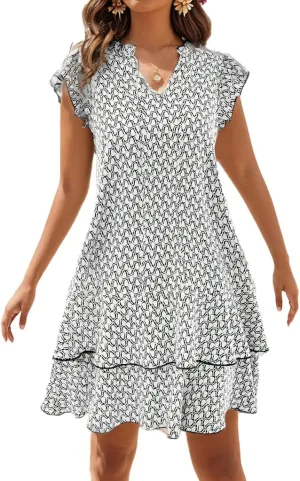Women Floral Print Tie V Neck Mini Dress Flutter Sleeve Smock Ruffle Hem Casual Loose Flowy Boho Sun Dresses