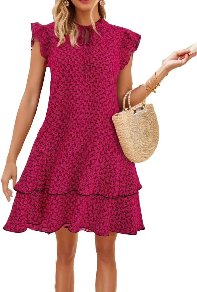 Women Floral Print Tie V Neck Mini Dress Flutter Sleeve Smock Ruffle Hem Casual Loose Flowy Boho Sun Dresses