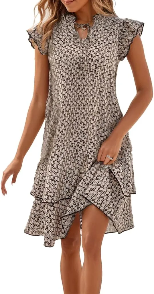 Women Floral Print Tie V Neck Mini Dress Flutter Sleeve Smock Ruffle Hem Casual Loose Flowy Boho Sun Dresses