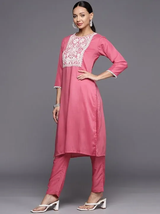 Women Floral Yoke Design Regular Thread Work Kurta with Trousers