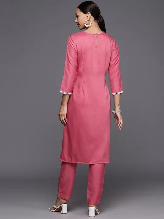 Women Floral Yoke Design Regular Thread Work Kurta with Trousers