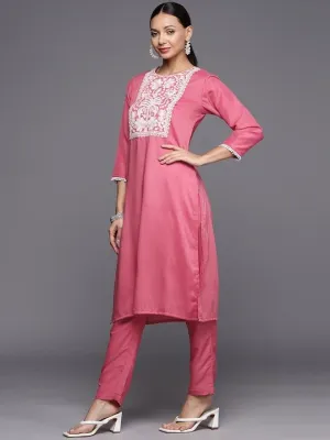 Women Floral Yoke Design Regular Thread Work Kurta with Trousers