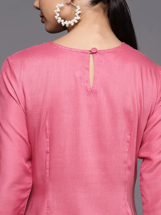 Women Floral Yoke Design Regular Thread Work Kurta with Trousers