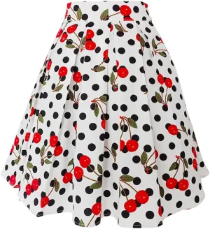 Women Gothic Floral Printed Pleated Skirt Summer High Waist Korean Harajuku Japanese Pinup Retro Vintage Midi Skirts White Cherry N XS