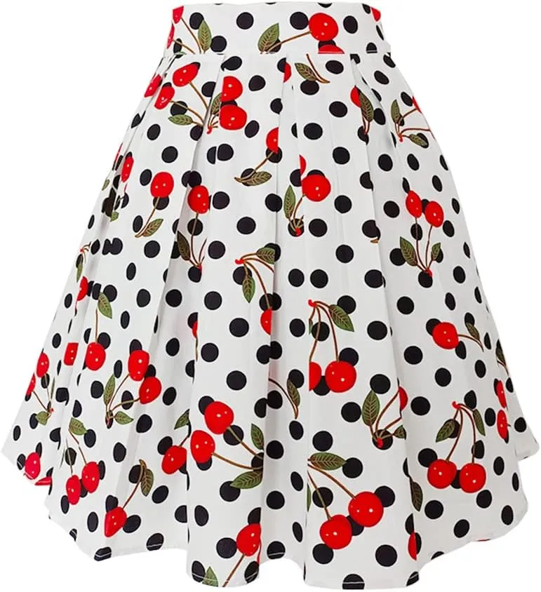 Women Gothic Floral Printed Pleated Skirt Summer High Waist Korean Harajuku Japanese Pinup Retro Vintage Midi Skirts White Cherry N XS