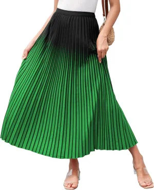 Women Gradient Color Casual A-Line Pleated Maxi Skirt Elastic High Waist Flowy Long Skirts