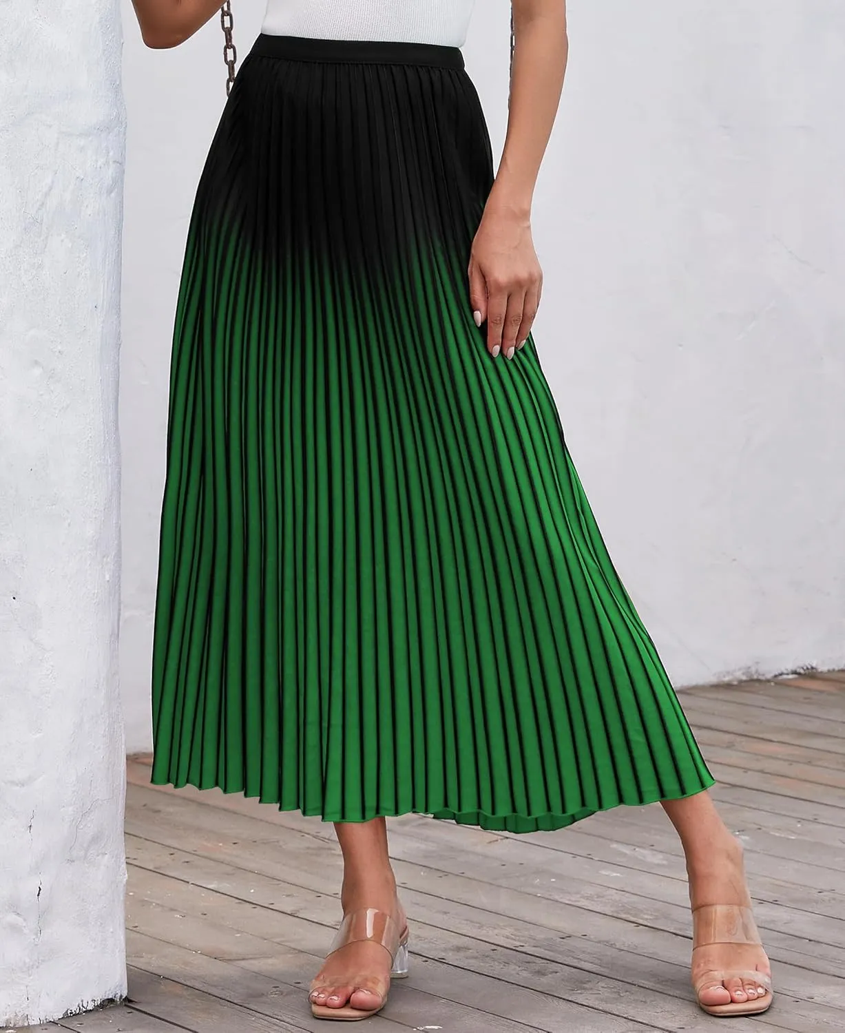 Women Gradient Color Casual A-Line Pleated Maxi Skirt Elastic High Waist Flowy Long Skirts