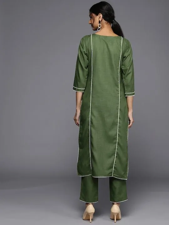 Women Green Striped Yoke Design Kurta with Trousers