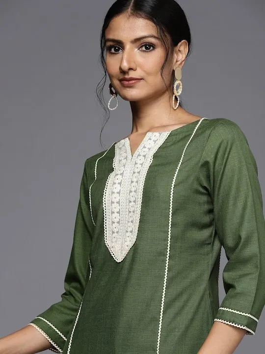 Women Green Striped Yoke Design Kurta with Trousers
