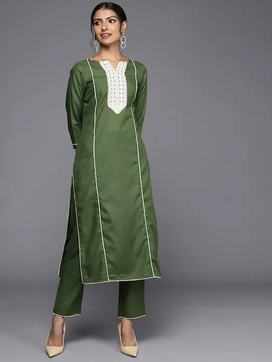 Women Green Striped Yoke Design Kurta with Trousers