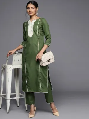 Women Green Striped Yoke Design Kurta with Trousers