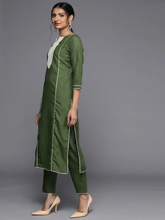 Women Green Striped Yoke Design Kurta with Trousers