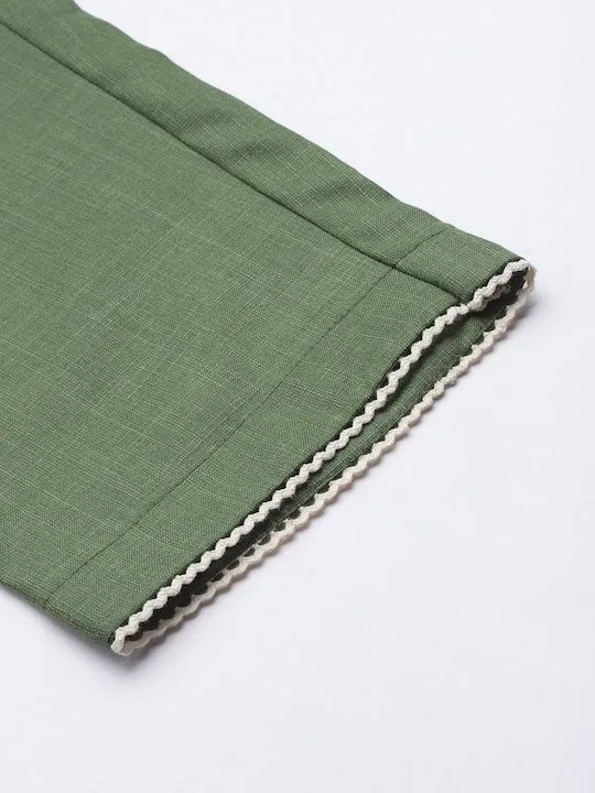 Women Green Striped Yoke Design Kurta with Trousers