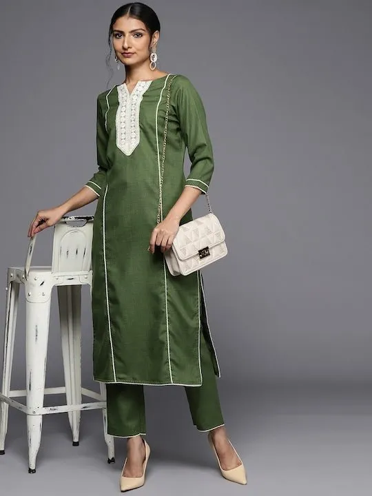 Women Green Striped Yoke Design Kurta with Trousers