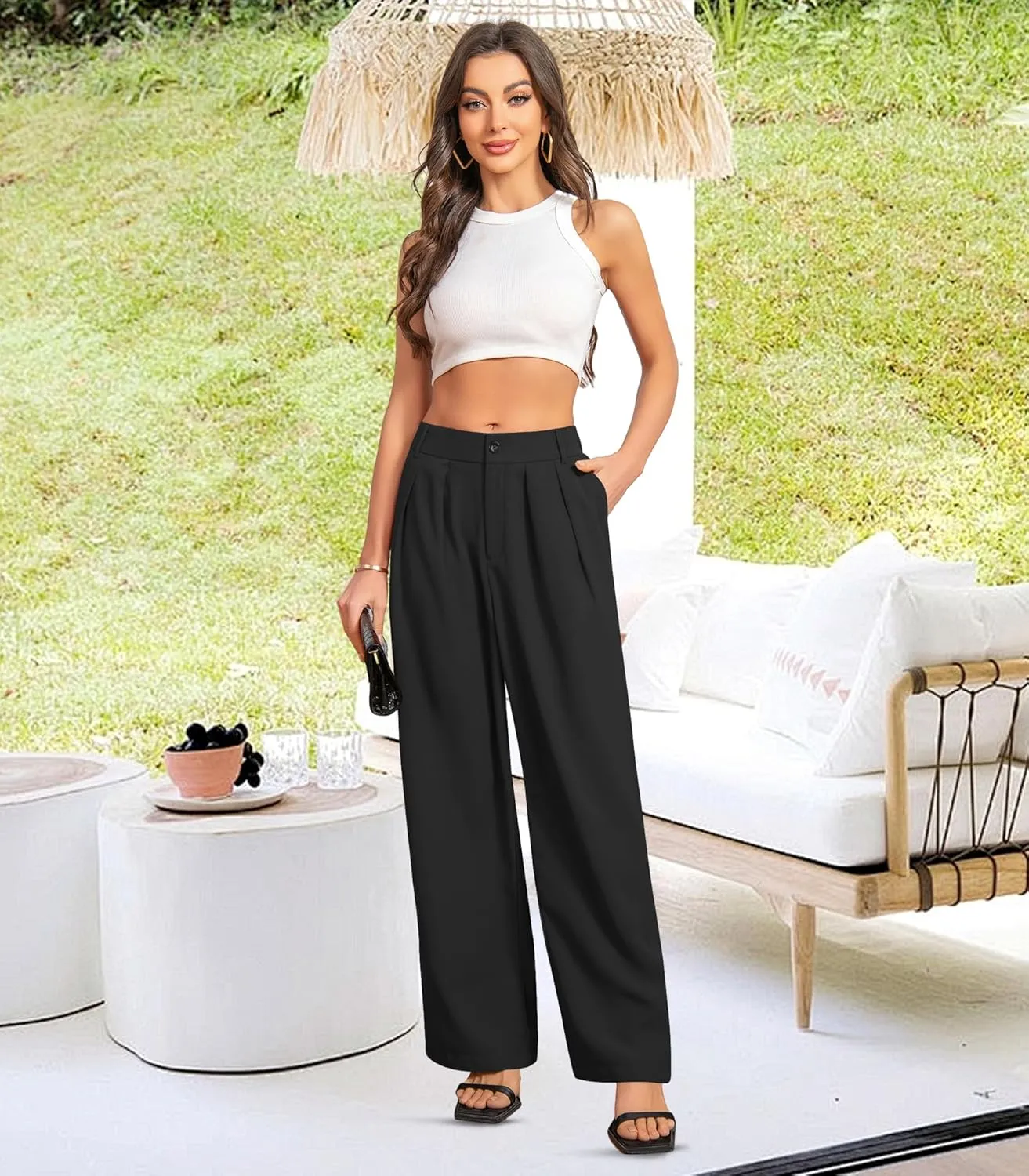 Women High Waist Wide Leg Pants Business Work Trousers Casual Long Straight Pants