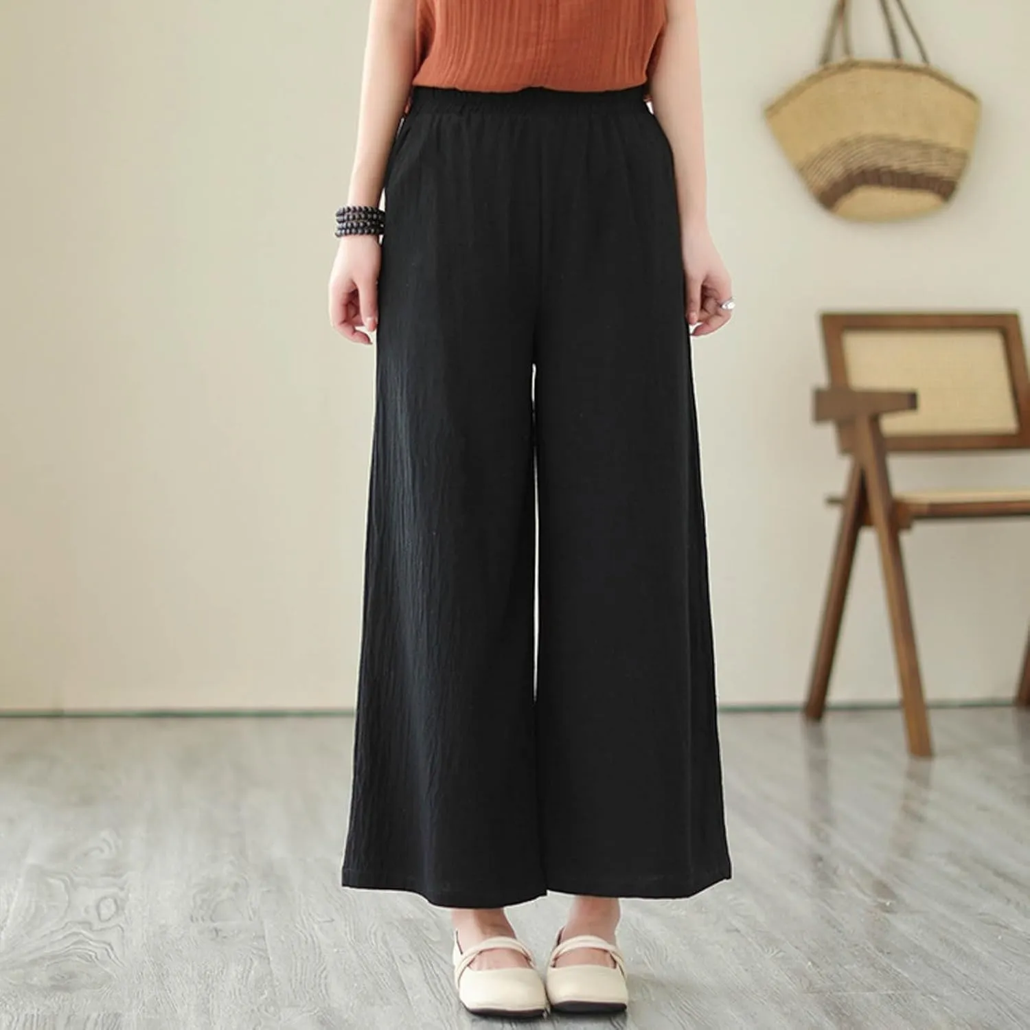 Women Linen Blend Summer Floral Pant Trousers Low Waist Baggy Stretchy Slim-Fit Pants Beach