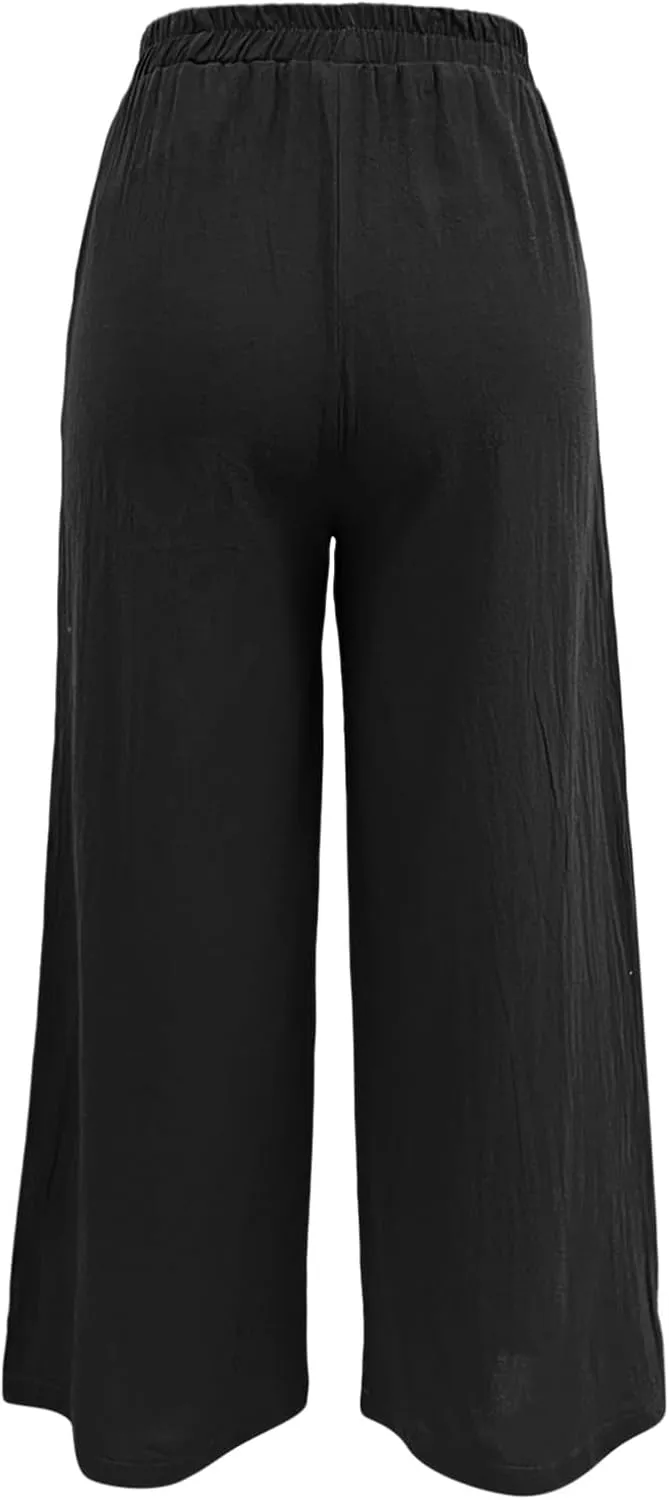 Women Linen Blend Summer Floral Pant Trousers Low Waist Baggy Stretchy Slim-Fit Pants Beach