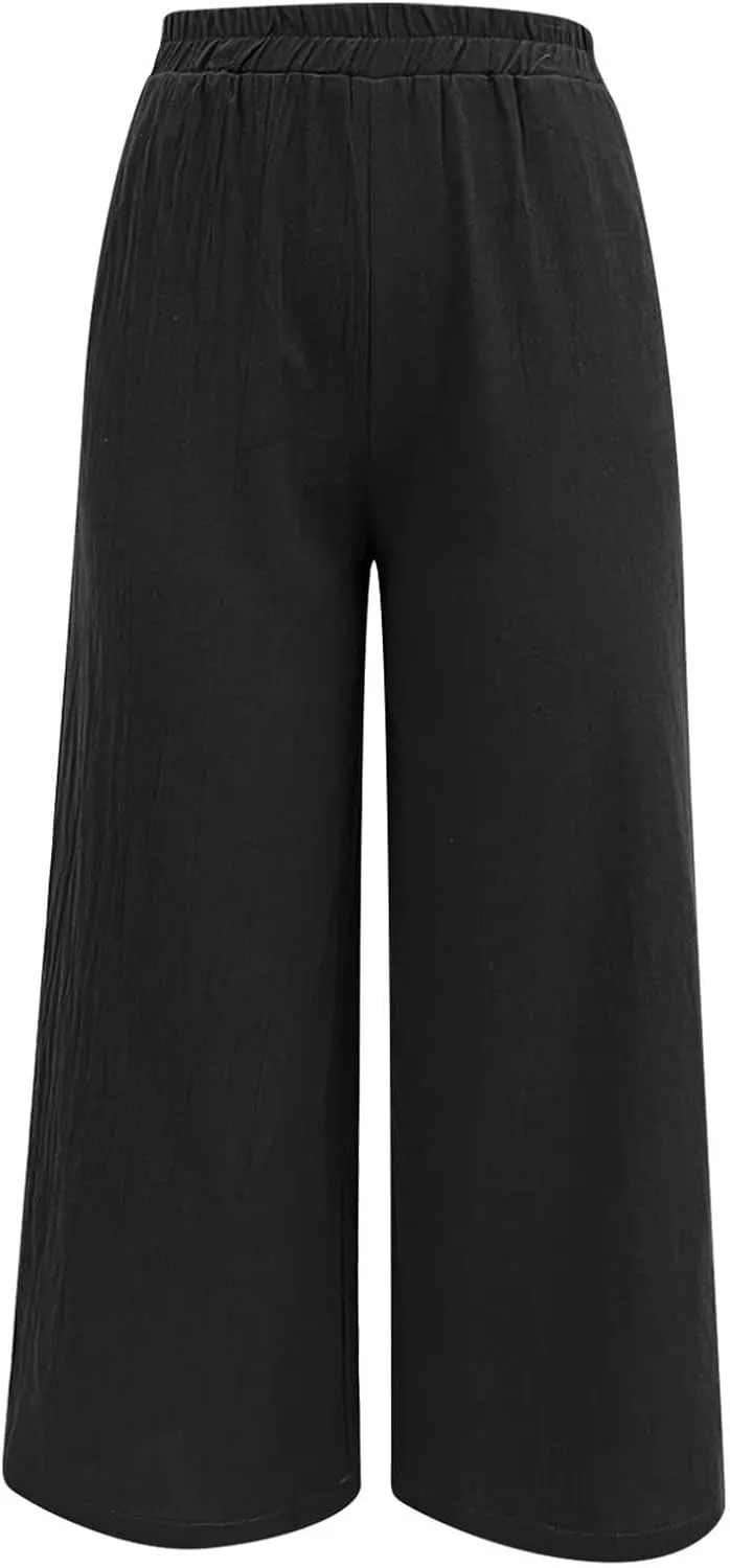 Women Linen Blend Summer Floral Pant Trousers Low Waist Baggy Stretchy Slim-Fit Pants Beach