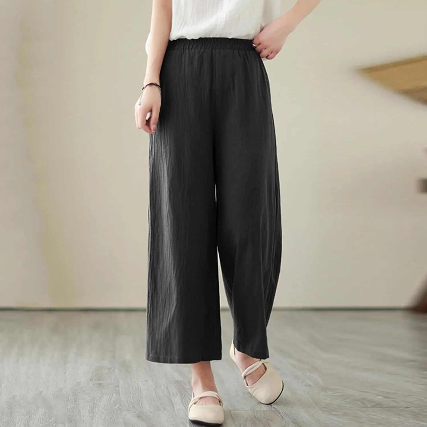 Women Linen Blend Summer Floral Pant Trousers Low Waist Baggy Stretchy Slim-Fit Pants Beach
