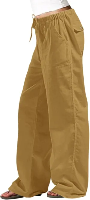 Women Linen Blend Summer Striped Pants Elastic Waisted Long Lounge Loose Fit Pants Business Work