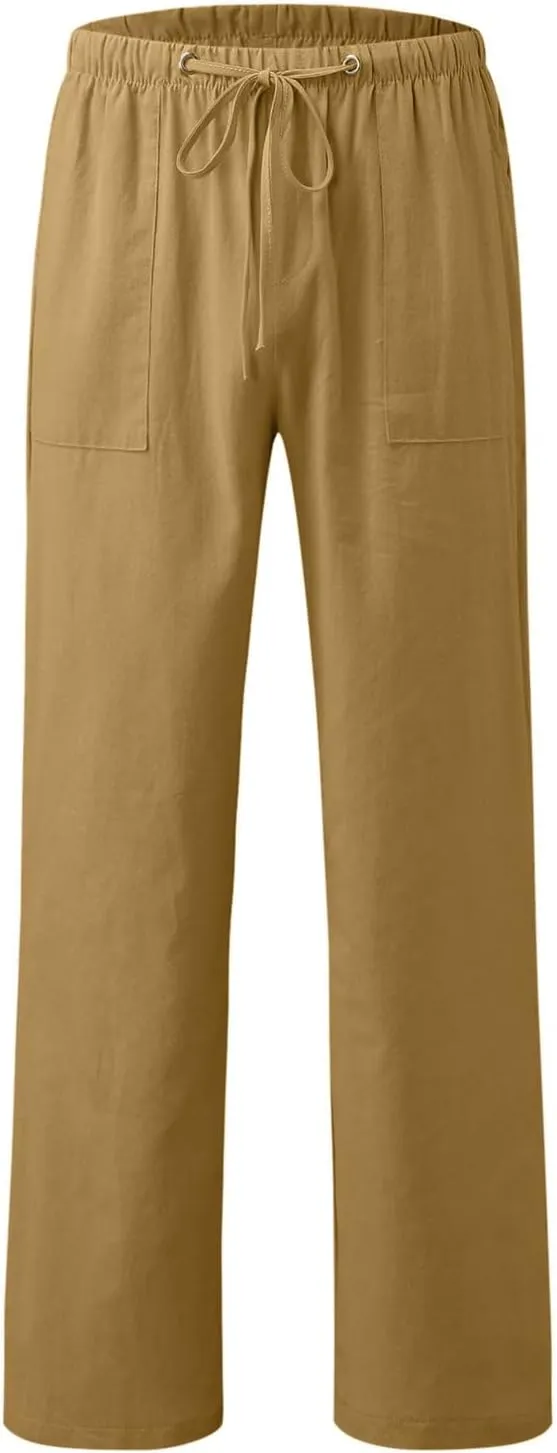 Women Linen Blend Summer Striped Pants Elastic Waisted Long Lounge Loose Fit Pants Business Work