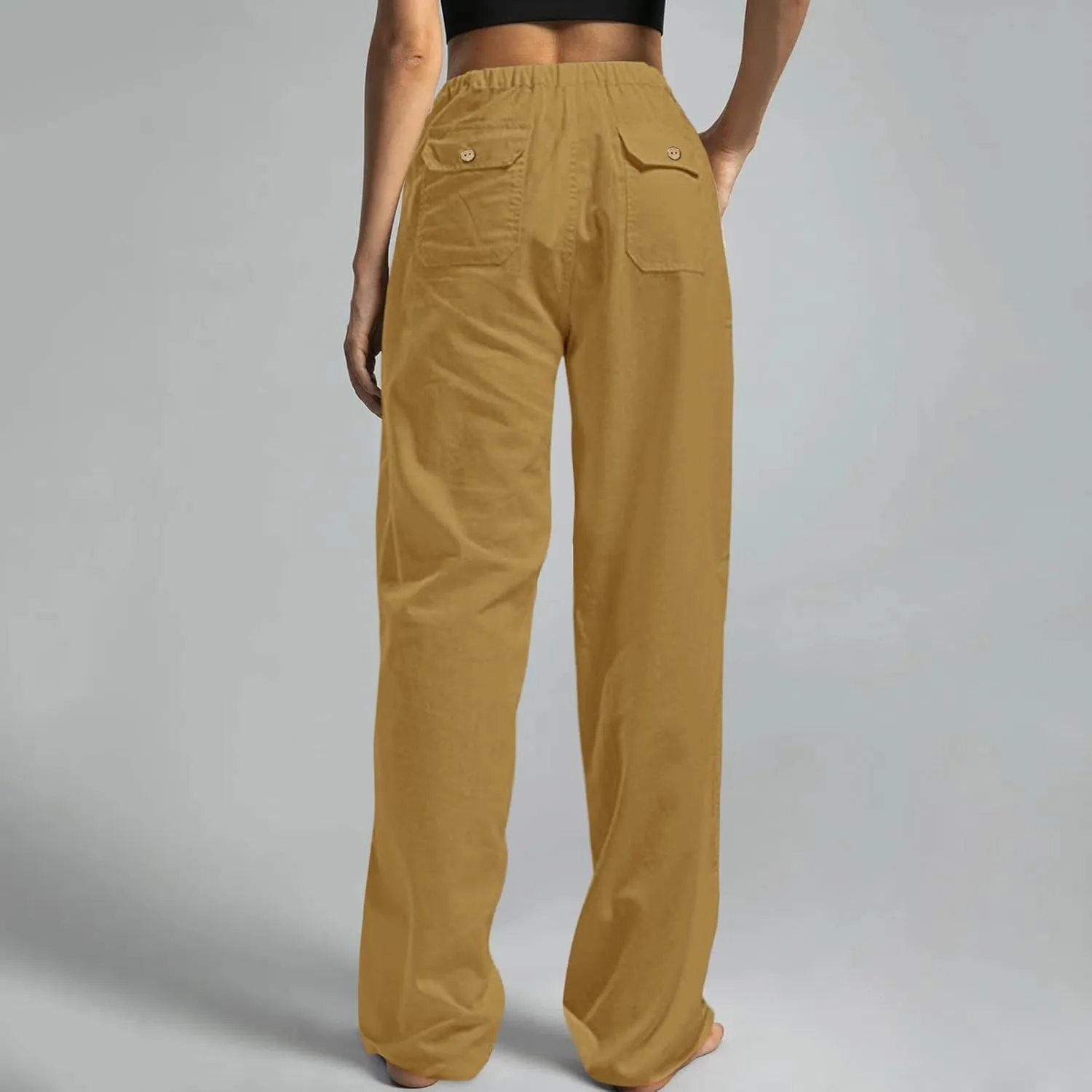 Women Linen Blend Summer Striped Pants Elastic Waisted Long Lounge Loose Fit Pants Business Work
