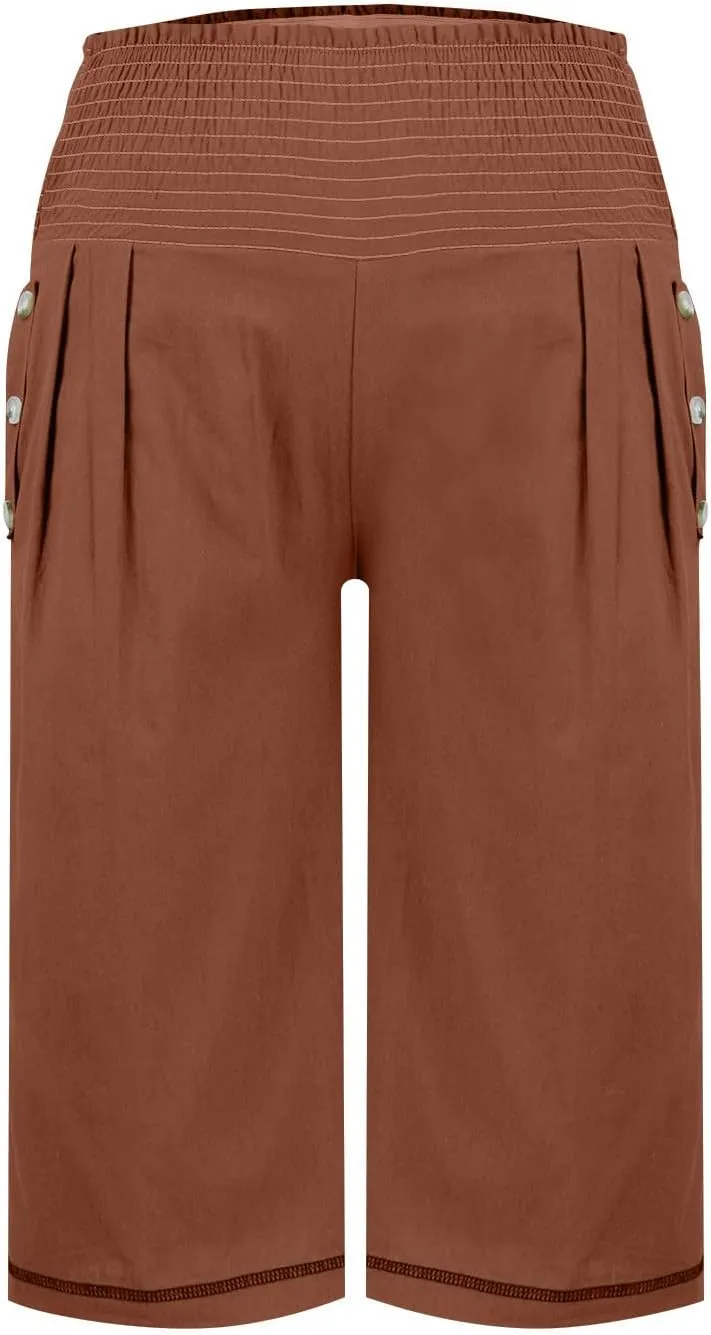 Women Linen Summer Flowy Pants Elastic Waist Ankle Length Slim-Fit Palazzo Lounge Pants Beach