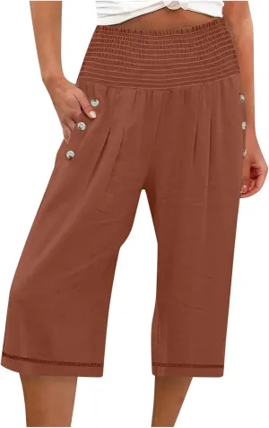 Women Linen Summer Flowy Pants Elastic Waist Ankle Length Slim-Fit Palazzo Lounge Pants Beach